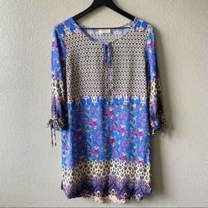 NHim Floral Print Boho Peasant Dress W/ Tie Neckline & Sleeves